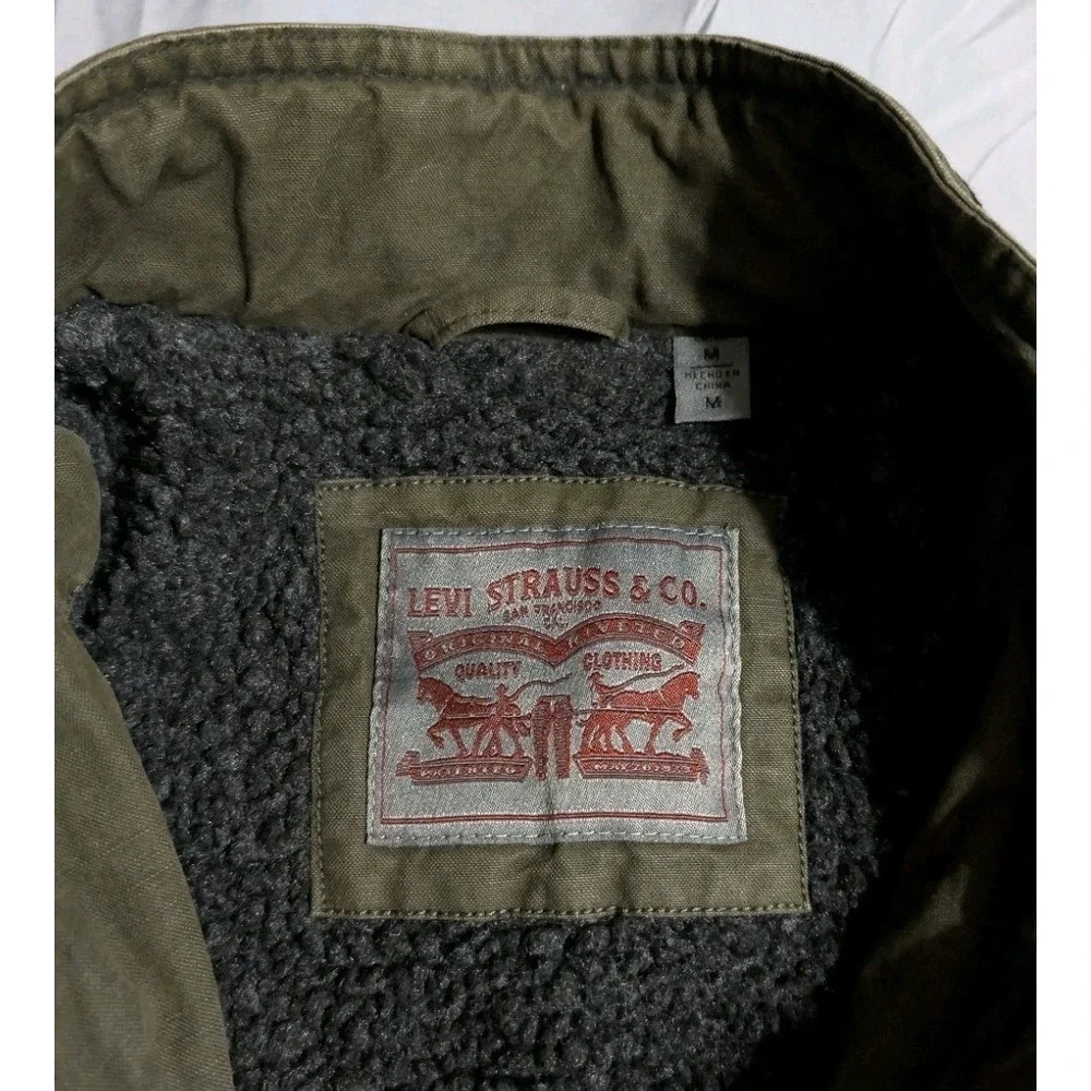 Levis Mens Sherpa Lined Military Field Jacket Olive Green Cotton Canvas Medium - Picture 3 of 8